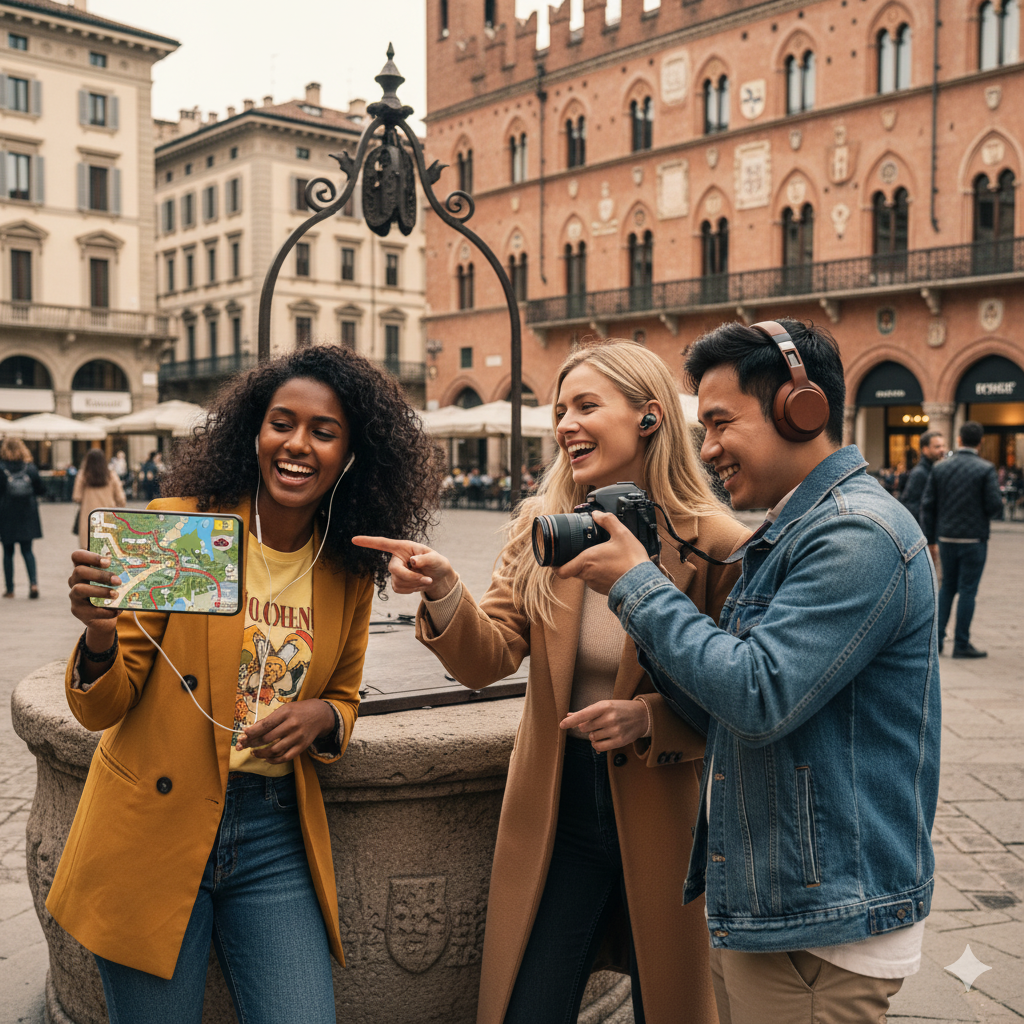 Map of Milan featuring key landmarks for the Uvamai Niche Tourism self-guided audio tour in Piazza Mercanti.