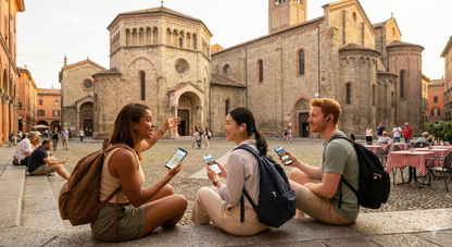 Self-guided audio tour of Bologna's Piazza Santo Stefano, featuring historic architecture and vibrant city scenes, by Uvamai Niche Tourism