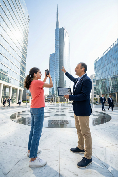 Audio tour device displaying Piazza Gae Aulenti in Milan, part of Uvamai Niche Tourism's self-guided Milan tour.