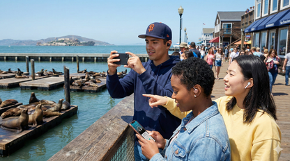 Self-guided audio tour of San Francisco at Pier 39, featuring Uvamai Niche Tourism branding and scenic waterfront views.