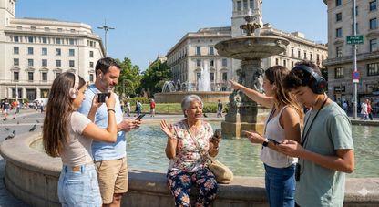 Self-guided audio tour map of Barcelona featuring iconic landmarks, with Uvamai Niche Tourism branding and Catalonia placard.