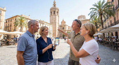 Self-guided audio tour map of Plaza de la Reina in Valencia by Uvamai Niche Tourism, showing the Queen Square area.