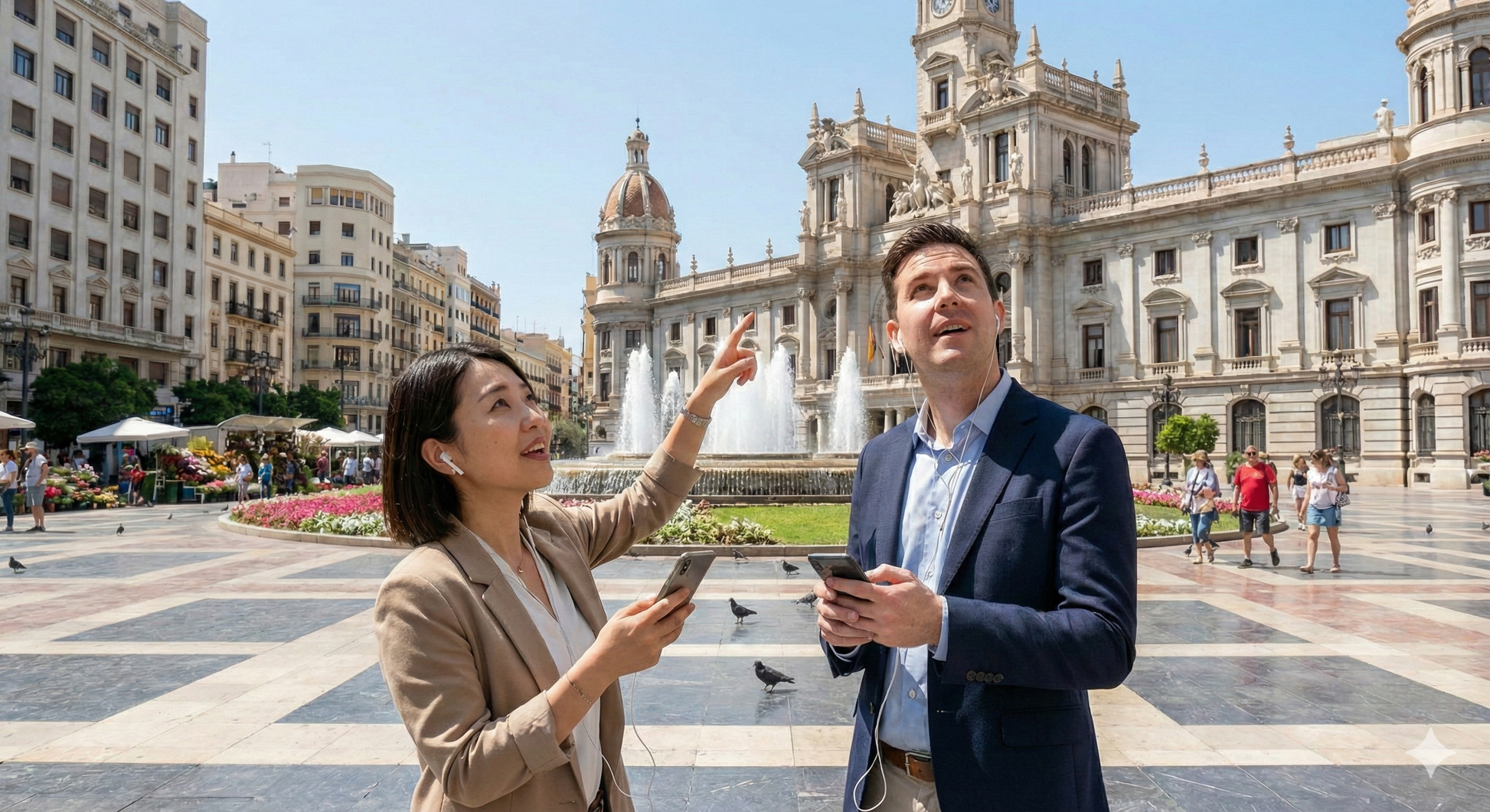 Self-guided audio tour of Valencia featuring images of City Hall and Plaza de l'Ajuntament, by Uvamai Niche Tourism.