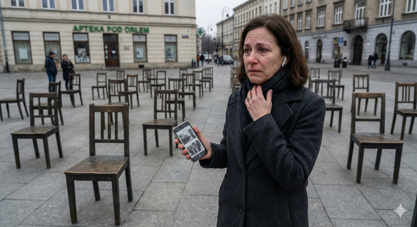 Self-guided audio tour of Krakow's Ghetto Heroes Square by Uvamai Niche Tourism, with historical landmarks visible in the image.