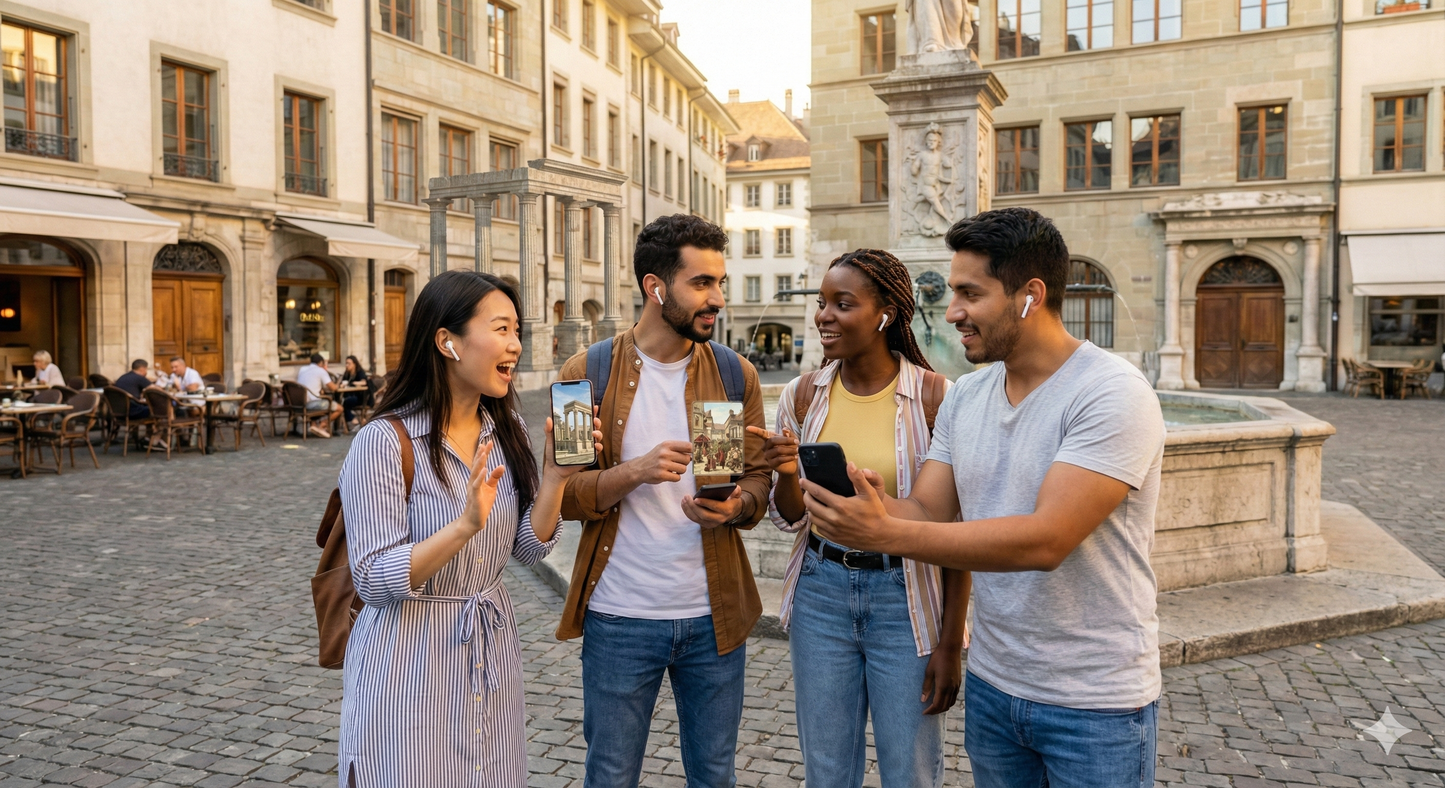 Self-guided audio tour of Place Bourg-de-Four in Geneva by Uvamai Niche Tourism, featuring historic sights and scenic views.