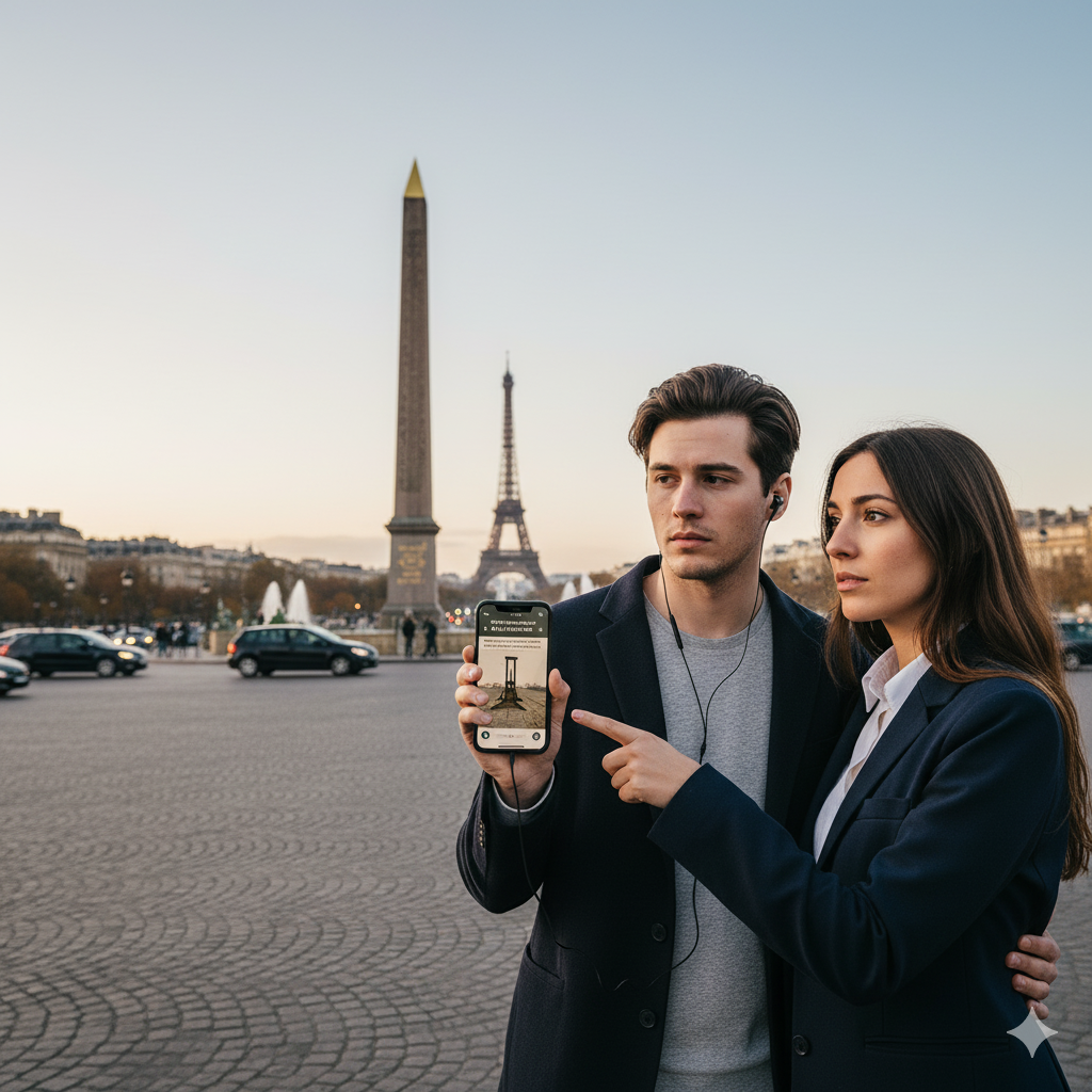 Self-guided audio tour of Place de la Concorde in Paris by Uvamai Niche Tourism, showing the historic monument and surrounding area.