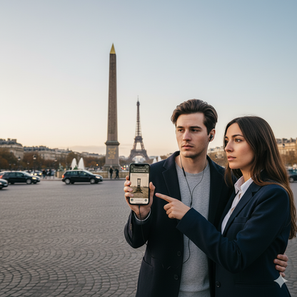 Self-guided audio tour of Place de la Concorde in Paris by Uvamai Niche Tourism, showing the historic monument and surrounding area.
