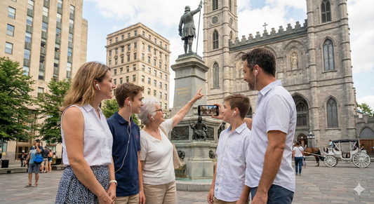 Self-guided audio tour device for Montreal's historic Old Town Square, featuring Uvamai Niche Tourism branding.