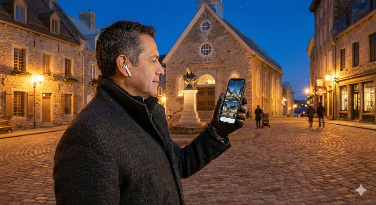 Self-guided audio tour of Quebec City by Uvamai Niche Tourism, featuring evening ambiance and historic landmarks.