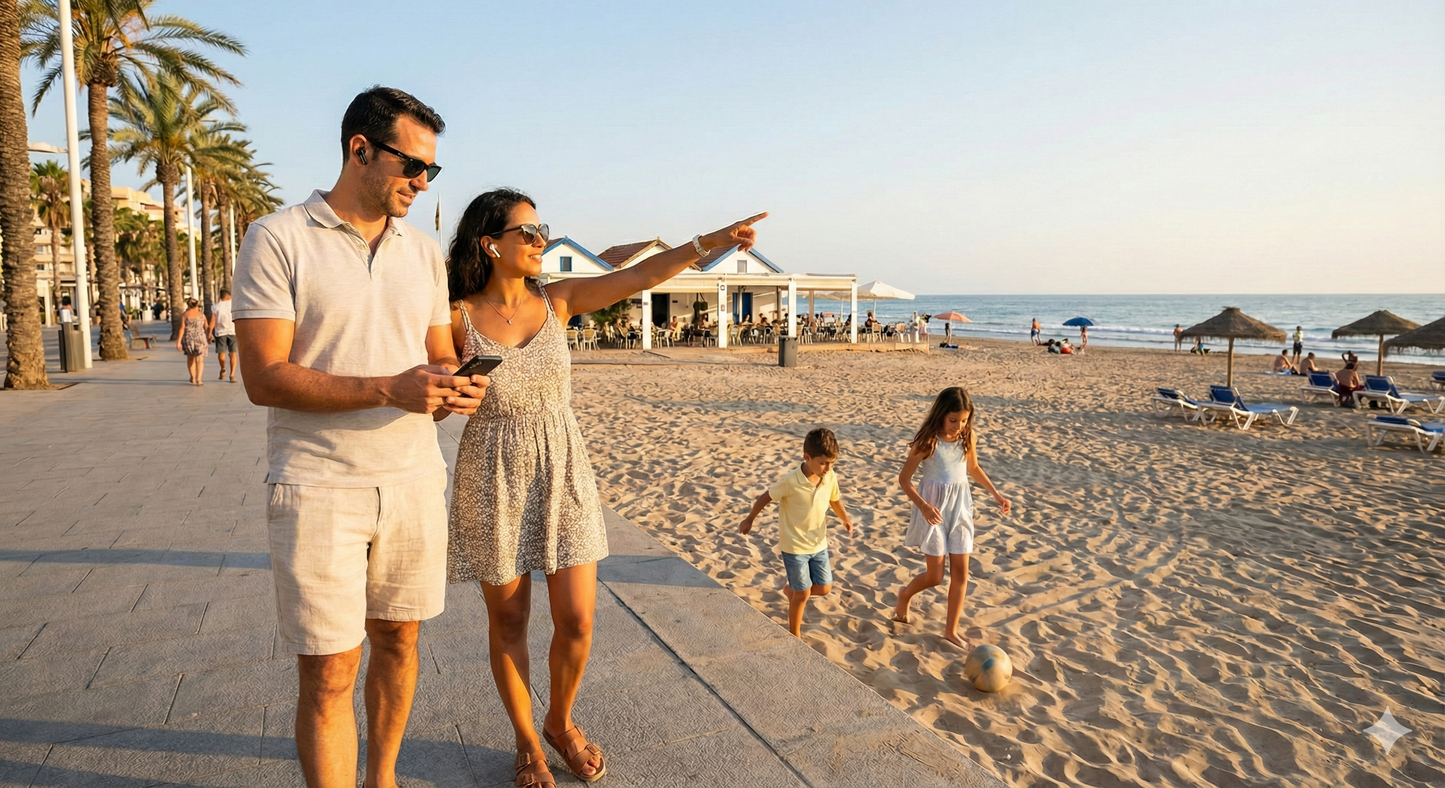Self-guided audio tour guide for Playa de la Malvarrosa beach by Uvamai Niche Tourism with scenic beach views.
