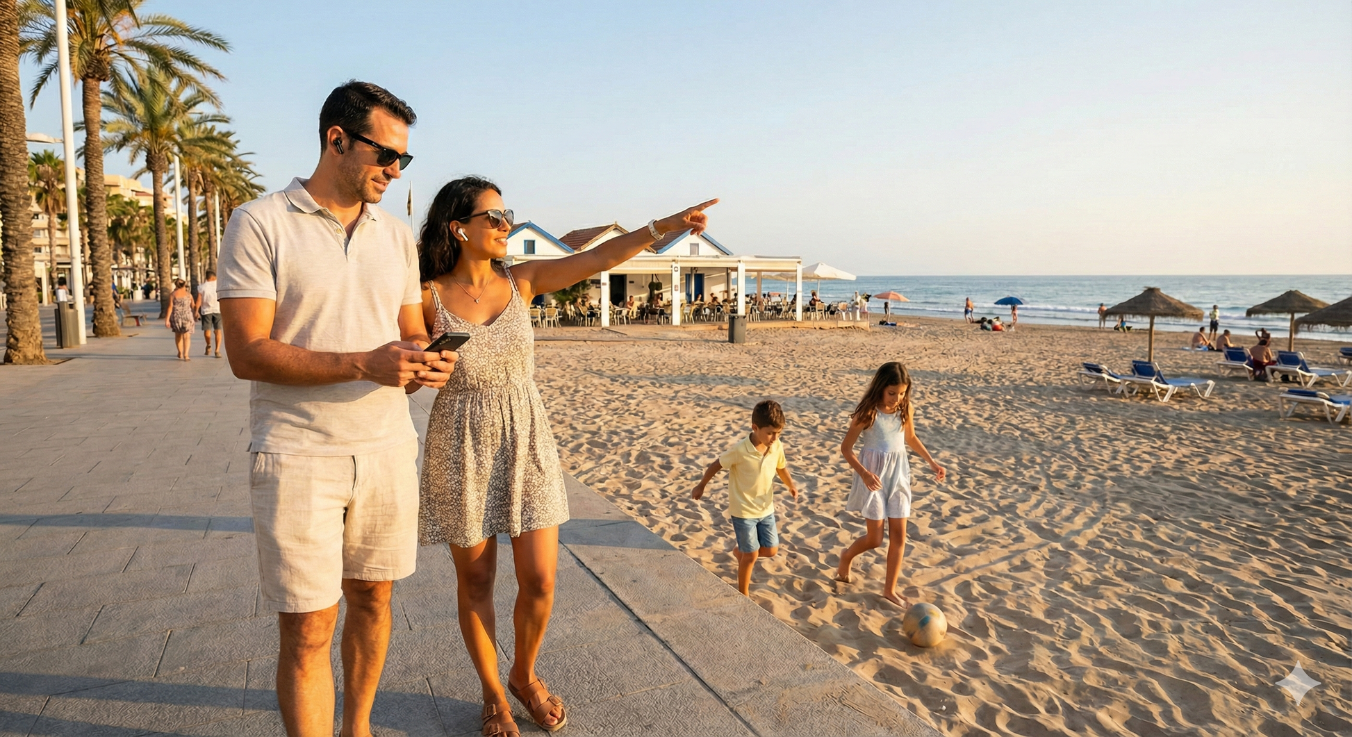 Self-guided audio tour guide for Playa de la Malvarrosa beach by Uvamai Niche Tourism with scenic beach views.