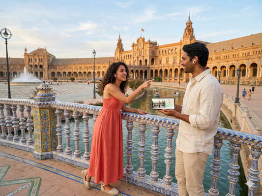 Self-guided audio tour of Plaza de España by Uvamai Niche Tourism, featuring scenic views and historical landmarks.