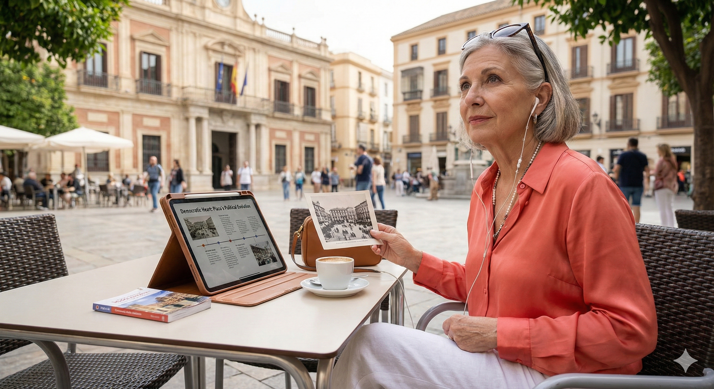 Self-guided audio tour map of Plaza de la Constitución in Malaga, offered by Uvamai Niche Tourism.