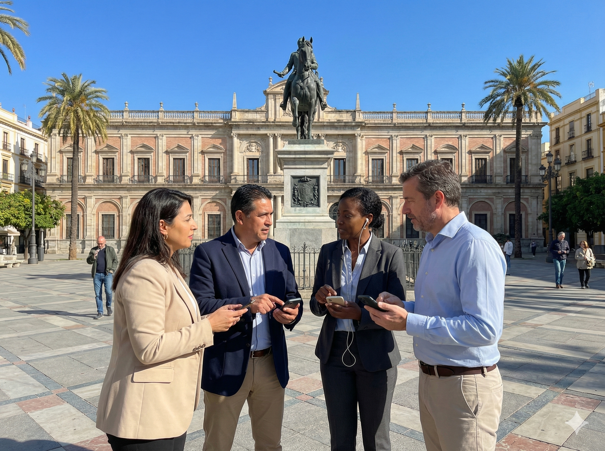 Self-guided audio tour of Seville's Plaza Nueva by Uvamai Niche Tourism, showing a scenic city square with historic architecture.