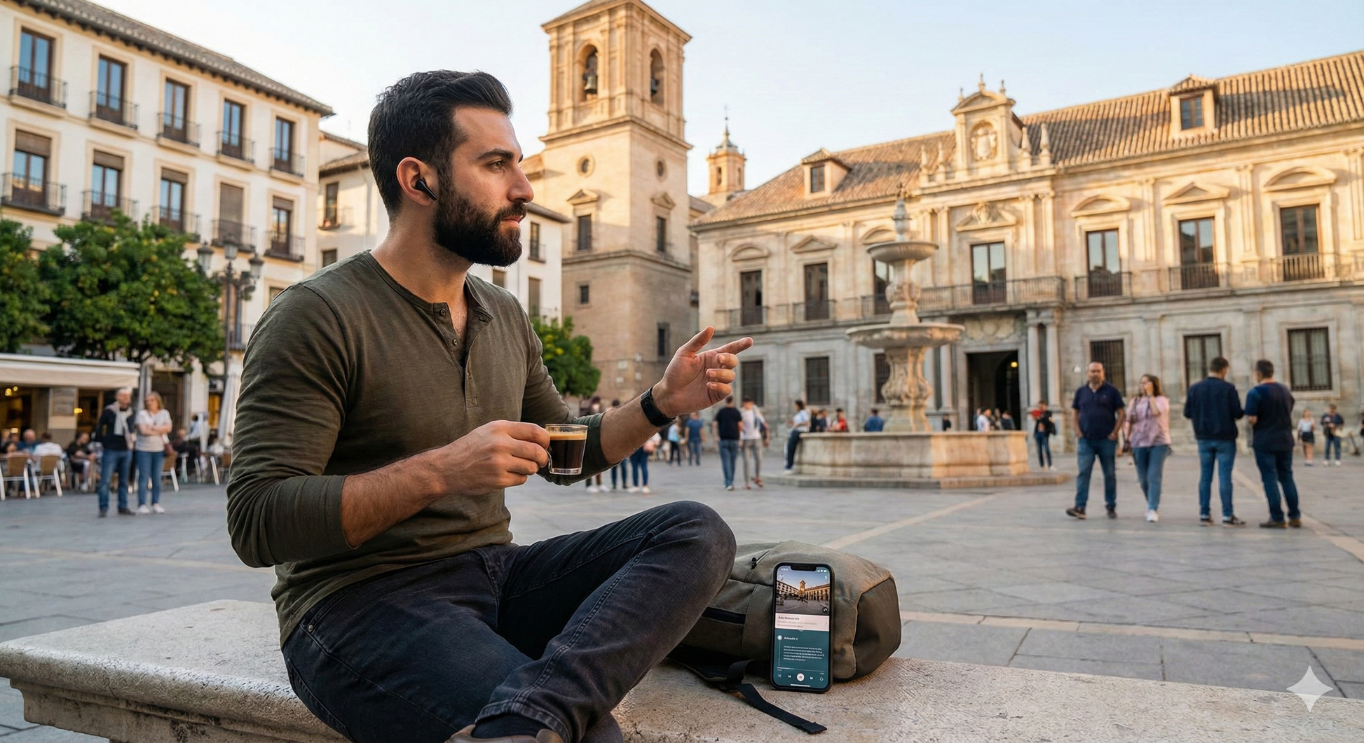 Self-guided audio tour for Granada by Uvamai Niche Tourism, featuring historic landmarks at Plaza Nueva.