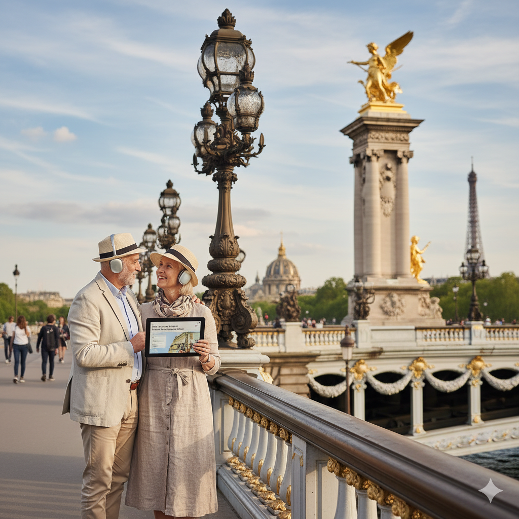 Audio tour device for Paris sightseeing at Pont Alexandre III, part of Uvamai Niche Tourism's self-guided audio tour collection.