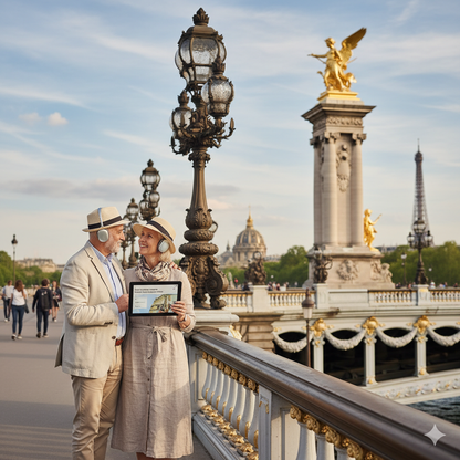 Audio tour device for Paris sightseeing at Pont Alexandre III, part of Uvamai Niche Tourism's self-guided audio tour collection.