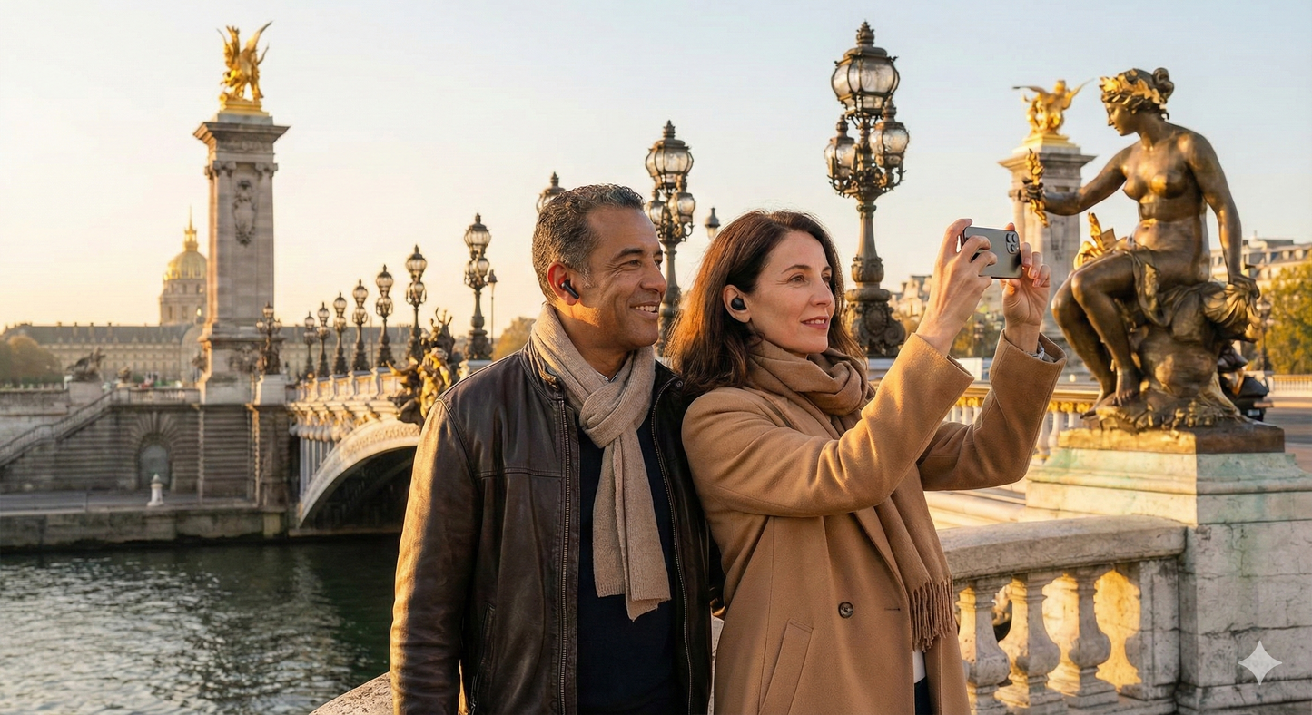 Audio tour guide on a device showing Pont Alexandre III bridge in Paris, offered by Uvamai Niche Tourism.