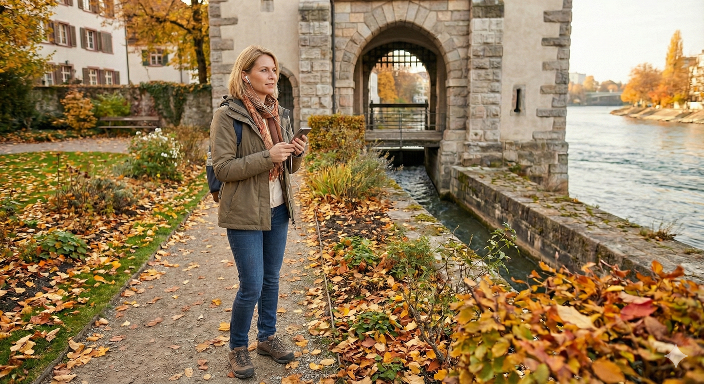 Self-guided audio tour device by Uvamai Niche Tourism for exploring Basel, featuring a portable audio guide with headphones.