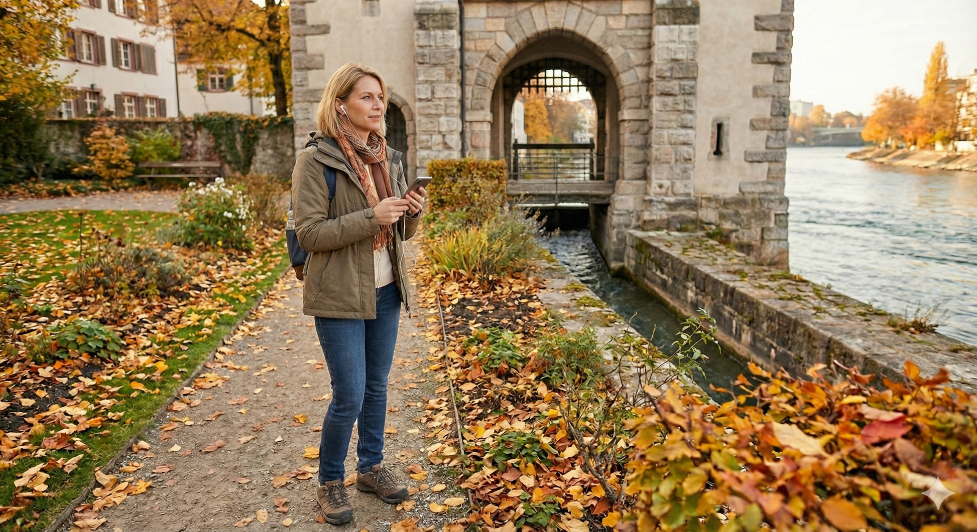Self-guided audio tour device by Uvamai Niche Tourism for exploring Basel, featuring a portable audio guide with headphones.