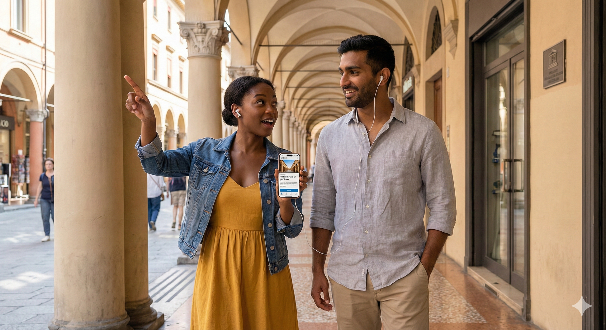 Audio tour guide device for Bologna city tour by Uvamai Niche Tourism, showing headphones and travel map on a tablet screen.