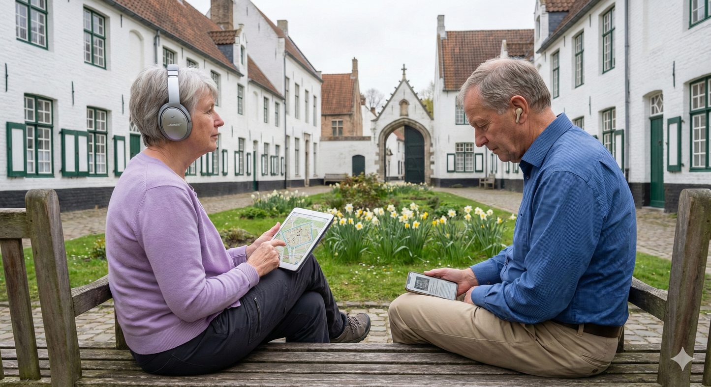 Self-guided audio tour of Bruges by Uvamai, featuring historic city views and landmarks.