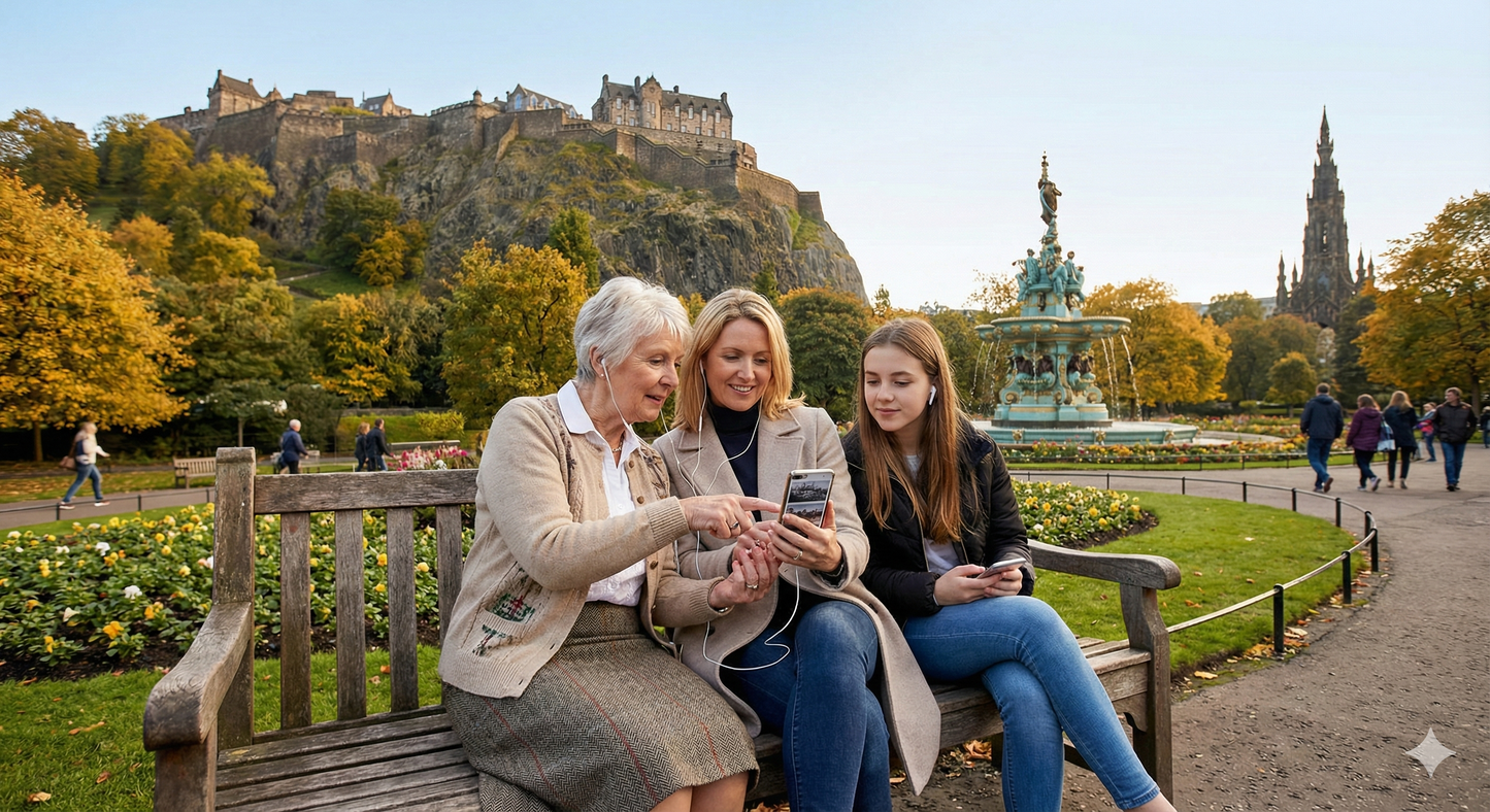 Self-guided audio tour of Princes Street Gardens in Edinburgh by Uvamai Niche Tourism, showing scenic park views and historic landmarks.