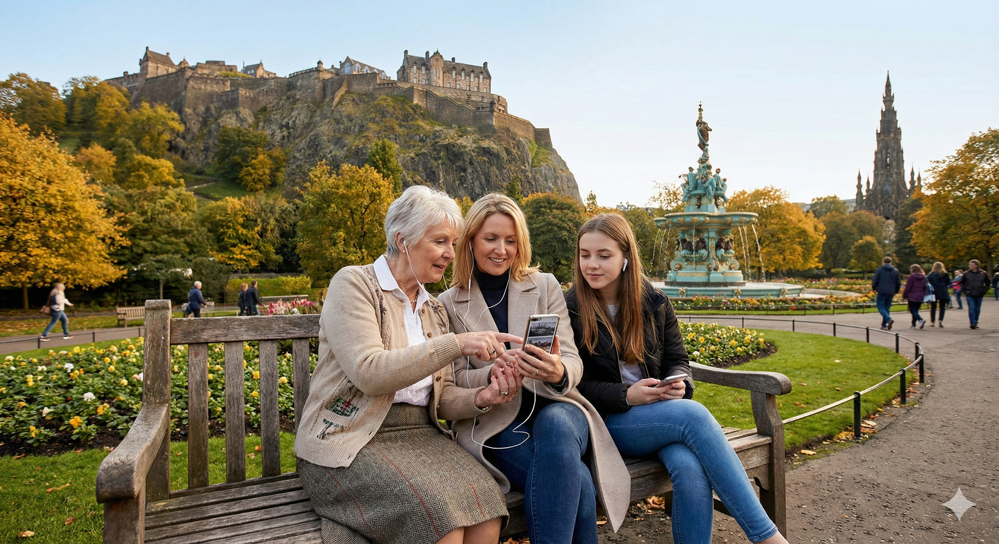 Self-guided audio tour of Princes Street Gardens in Edinburgh by Uvamai Niche Tourism, showing scenic park views and historic landmarks.