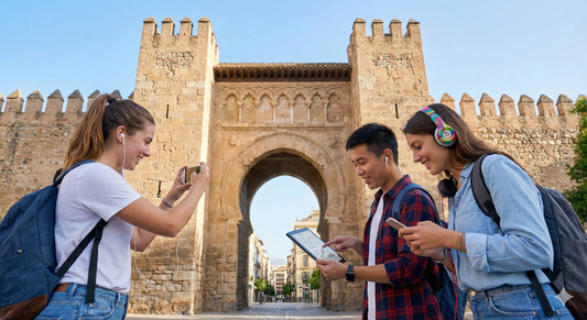 Audio tour guide for Granada by Uvamai Niche Tourism, featuring headphones and a mobile device displaying the tour app.