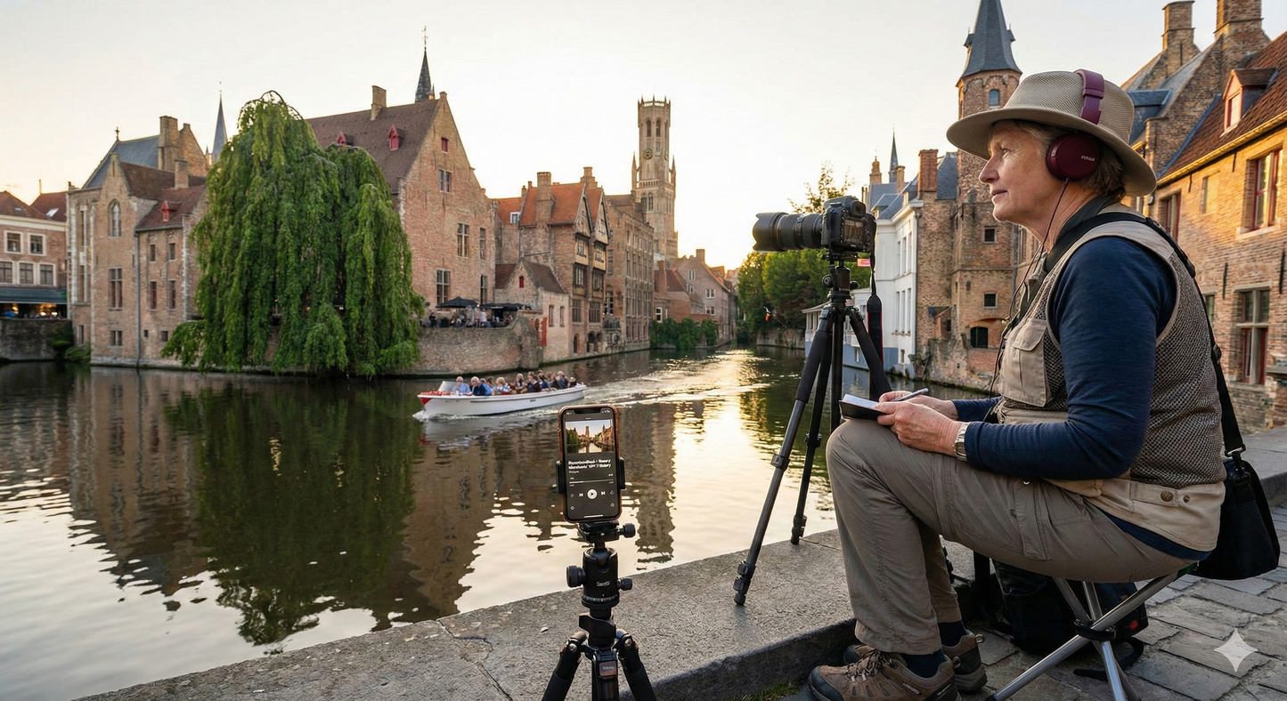 Self-guided audio tour by Uvamai Niche Tourism featuring views of Bruges' canals and historic city sights.