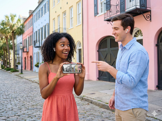 Rainbow-colored logo for Uvamai Niche Tourism's Charleston Self-Guided Audio Tour, featuring vibrant rainbow design.