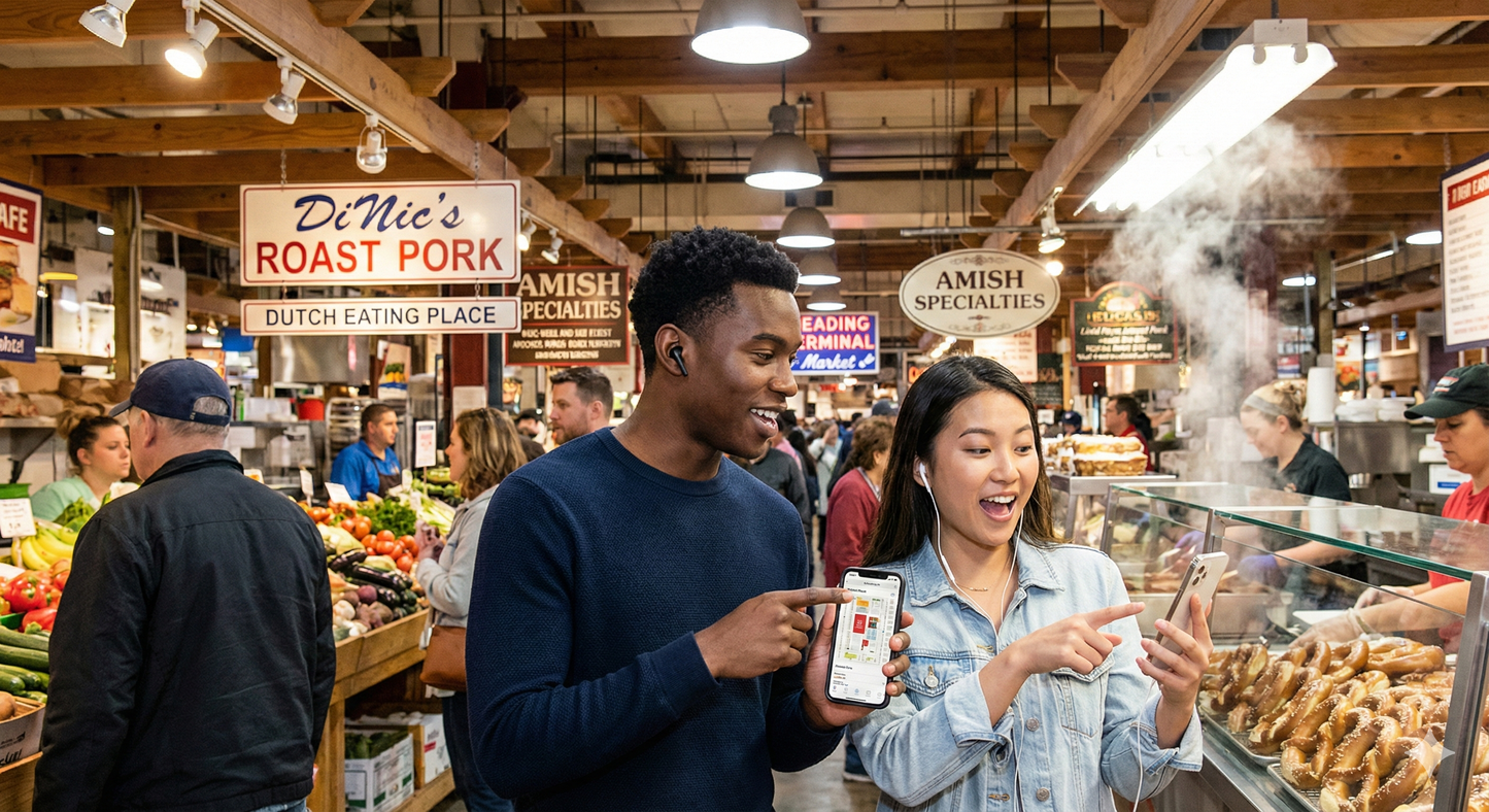 Audio tour device at Reading Terminal Market by Uvamai Niche Tourism, showcasing a self-guided tour experience in Philadelphia.