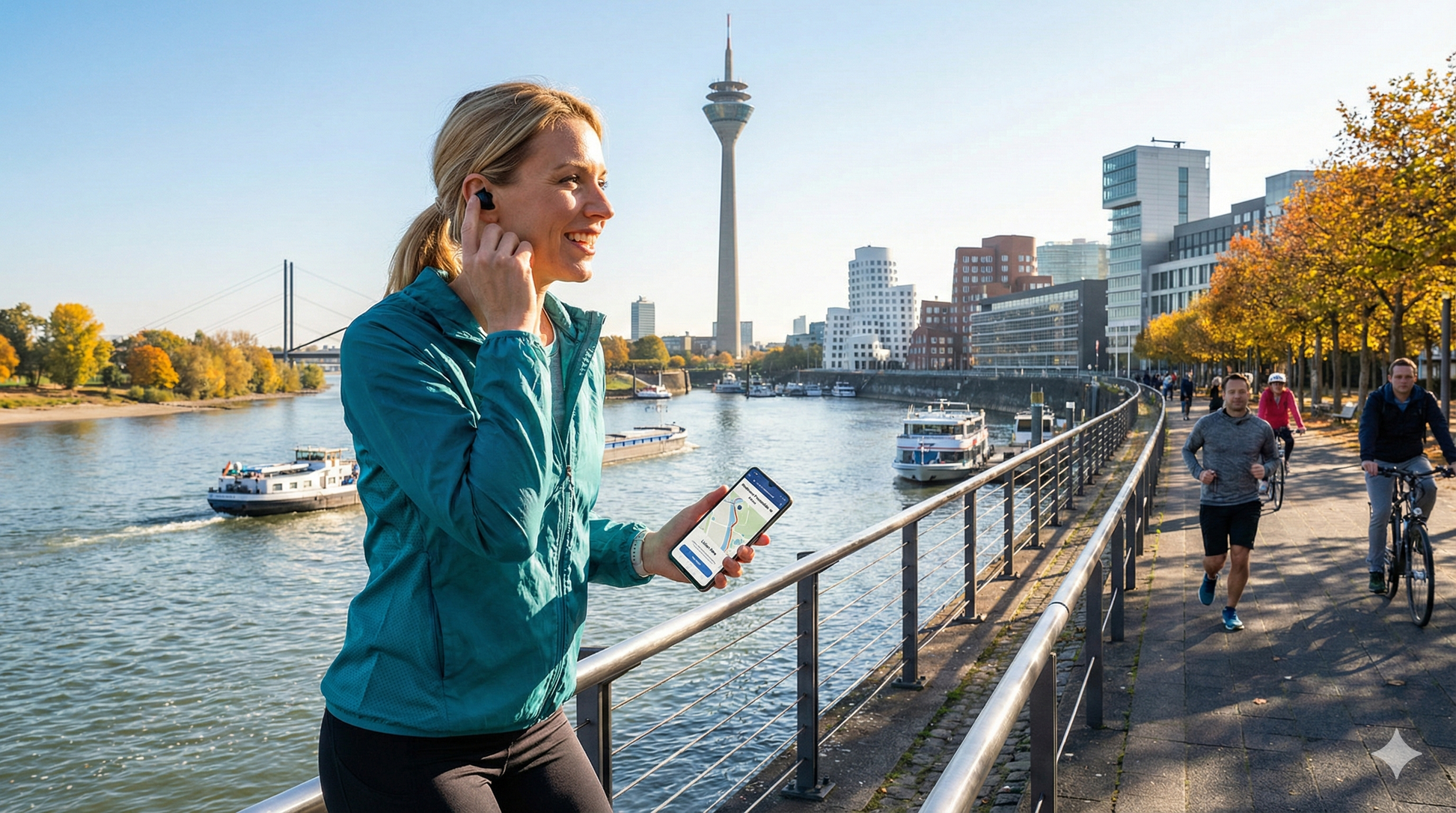 Self-guided audio tour of Düsseldorf's Rhine River promenade by Uvamai Niche Tourism, scenic view of the Rheinuferpromenade.
