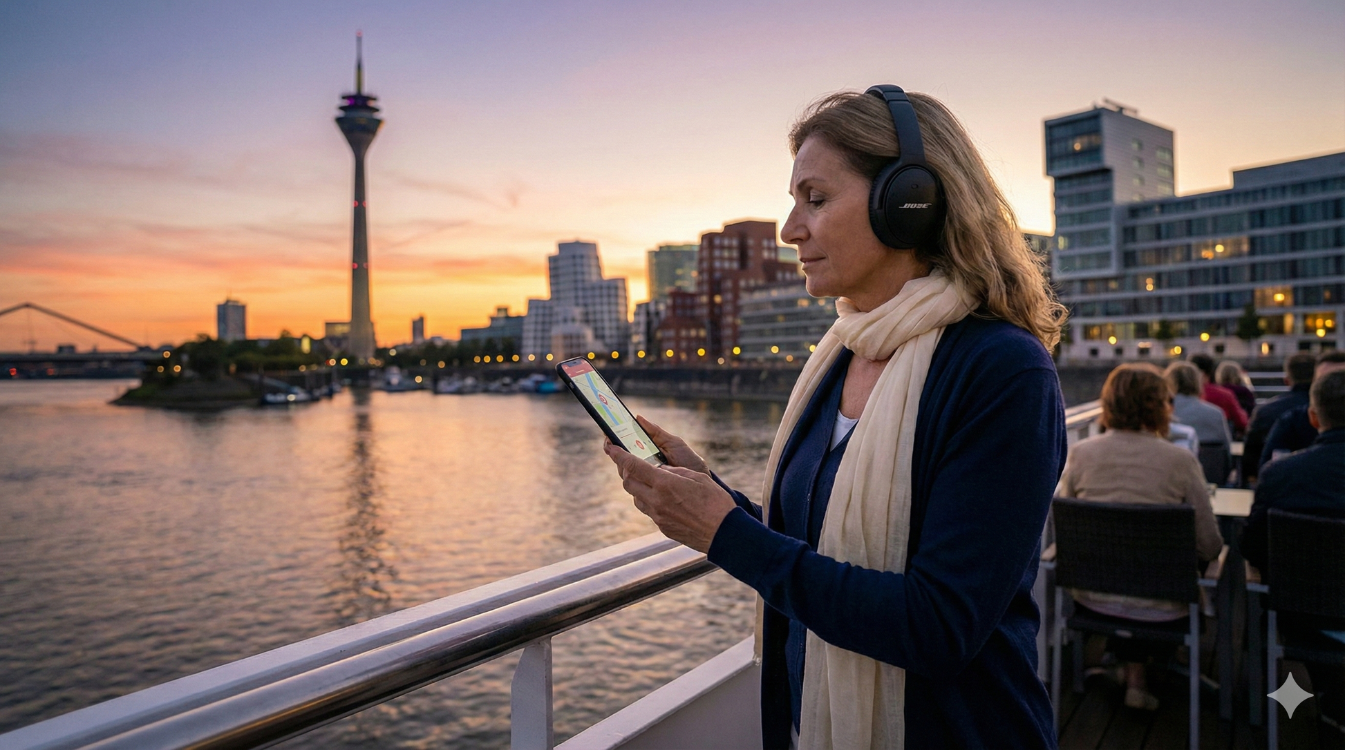 Audio tour of Düsseldorf with Uvamai Niche Tourism, showing Rhine river boat view and city scenery.