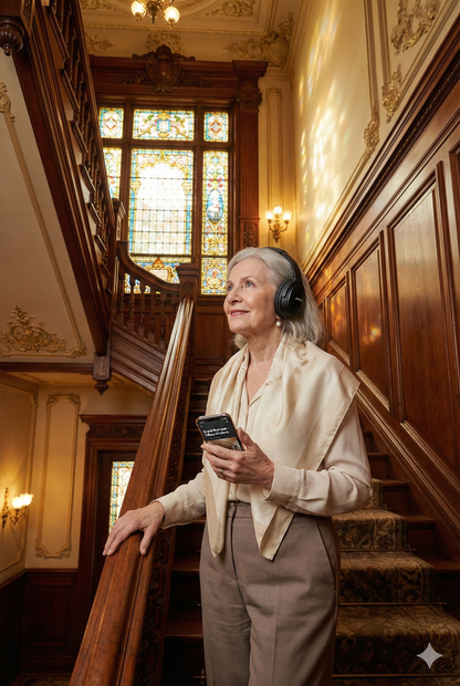 Audio tour device with headphones for the Richard H. Driehaus Museum, part of Uvamai Niche Tourism's Chicago Self-Guided Audio Tour.