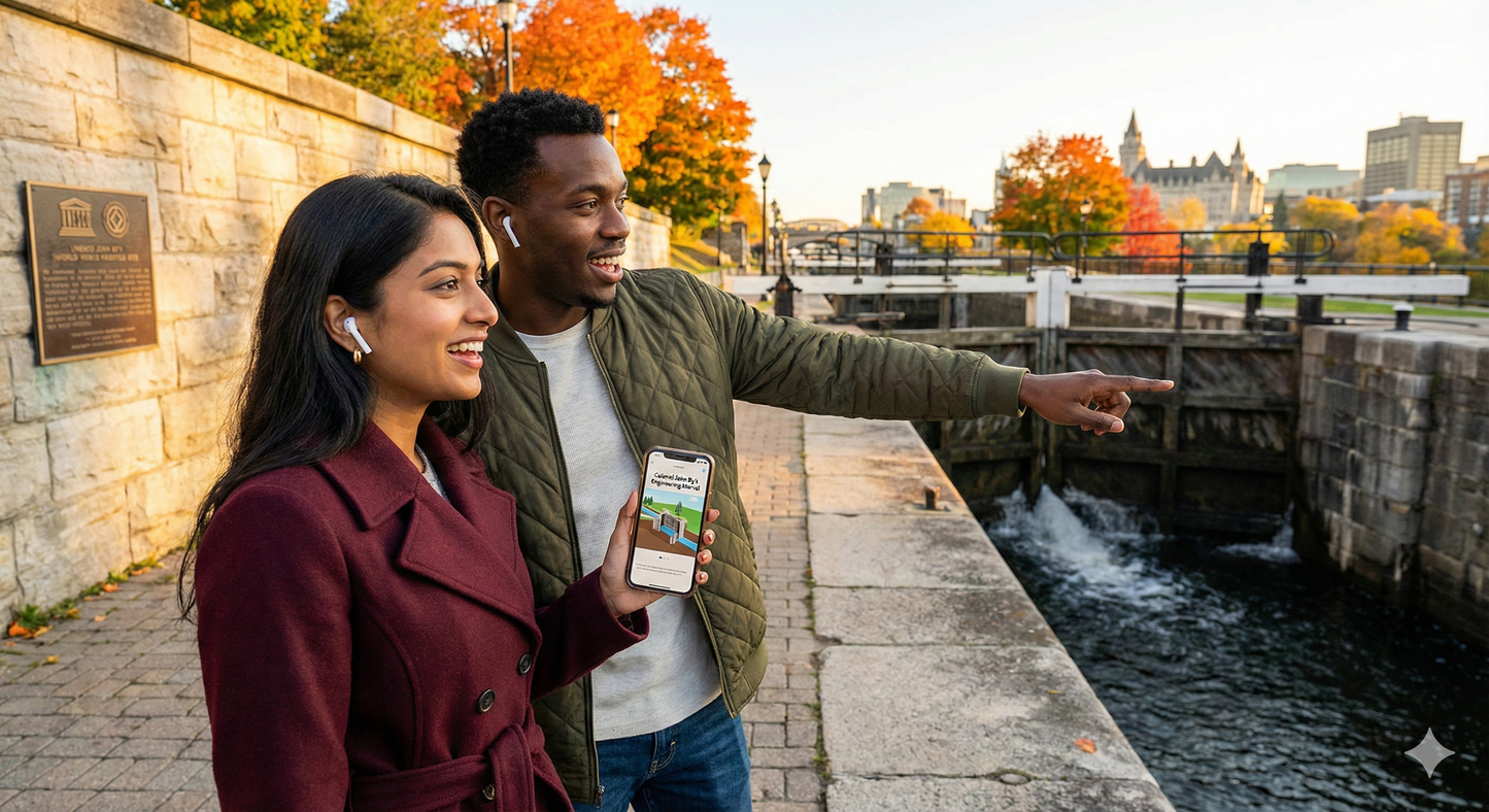 Self-guided audio tour of Ottawa by Uvamai Niche Tourism, featuring scenic views of Rideau Canal and UNESCO World Heritage Site.