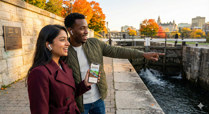 Self-guided audio tour of Ottawa by Uvamai Niche Tourism, featuring scenic views of Rideau Canal and UNESCO World Heritage Site.