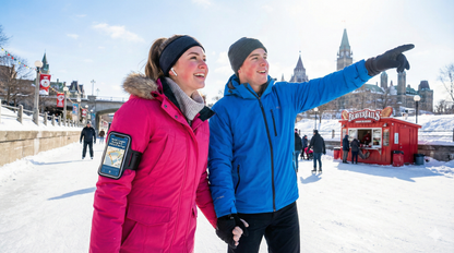 Self-guided audio tour map of Ottawa by Uvamai Niche Tourism, featuring scenic winter canal skating views and city landmarks.