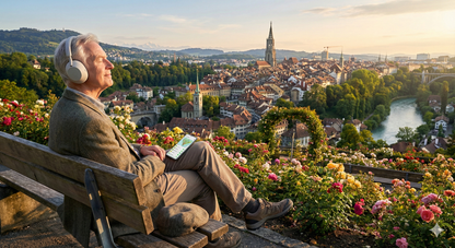 Self-guided audio tour device for Rosengarten garden by Uvamai Niche Tourism, featuring headphones and tour controls.