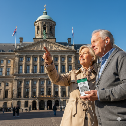 Self-guided audio tour of Amsterdam Royal Palace by Uvamai Niche Tourism, featuring an exterior view of the historic building.