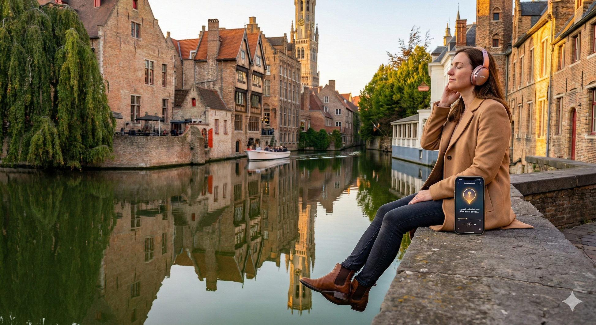 Audio tour guide for Bruges by Uvamai Niche Tourism showing historic Rosary Quay with scenic canal views.