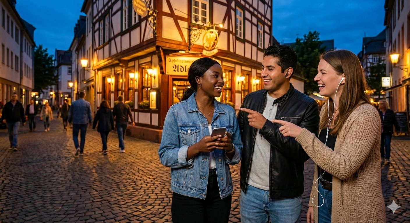 Self-guided audio tour of Sachsenhausen with Uvamai Niche Tourism, featuring images of historical sites and landmarks in Frankfurt.