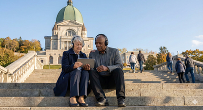 Self-guided audio tour of Saint Joseph's Oratory with Uvamai Niche Tourism, showing basilica steps and exterior view.