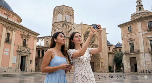 Self-guided audio tour of Santa Catalina Church in Valencia by Uvamai Niche Tourism, featuring church exterior and surrounding architecture.