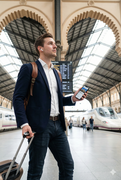 Self-guided audio tour by Uvamai Niche Tourism featuring Santa Justa Railway Station exterior in Seville, Spain.