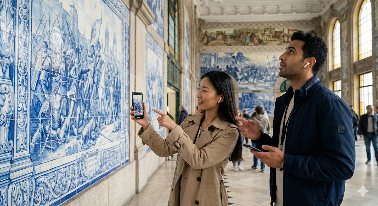 Self-guided audio tour of Porto featuring Uvamai Niche Tourism, showing Porto Railway Station with historic architecture.