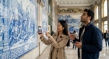 Self-guided audio tour of Porto featuring Uvamai Niche Tourism, showing Porto Railway Station with historic architecture.