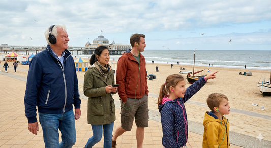 Audio tour device featuring the Scheveningen Beach scene for the Hague self-guided audio tour by Uvamai Niche Tourism.