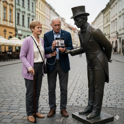 Self-guided audio tour of Bratislava with Uvamai Niche Tourism, showing a statue of Schönnac in the city center.
