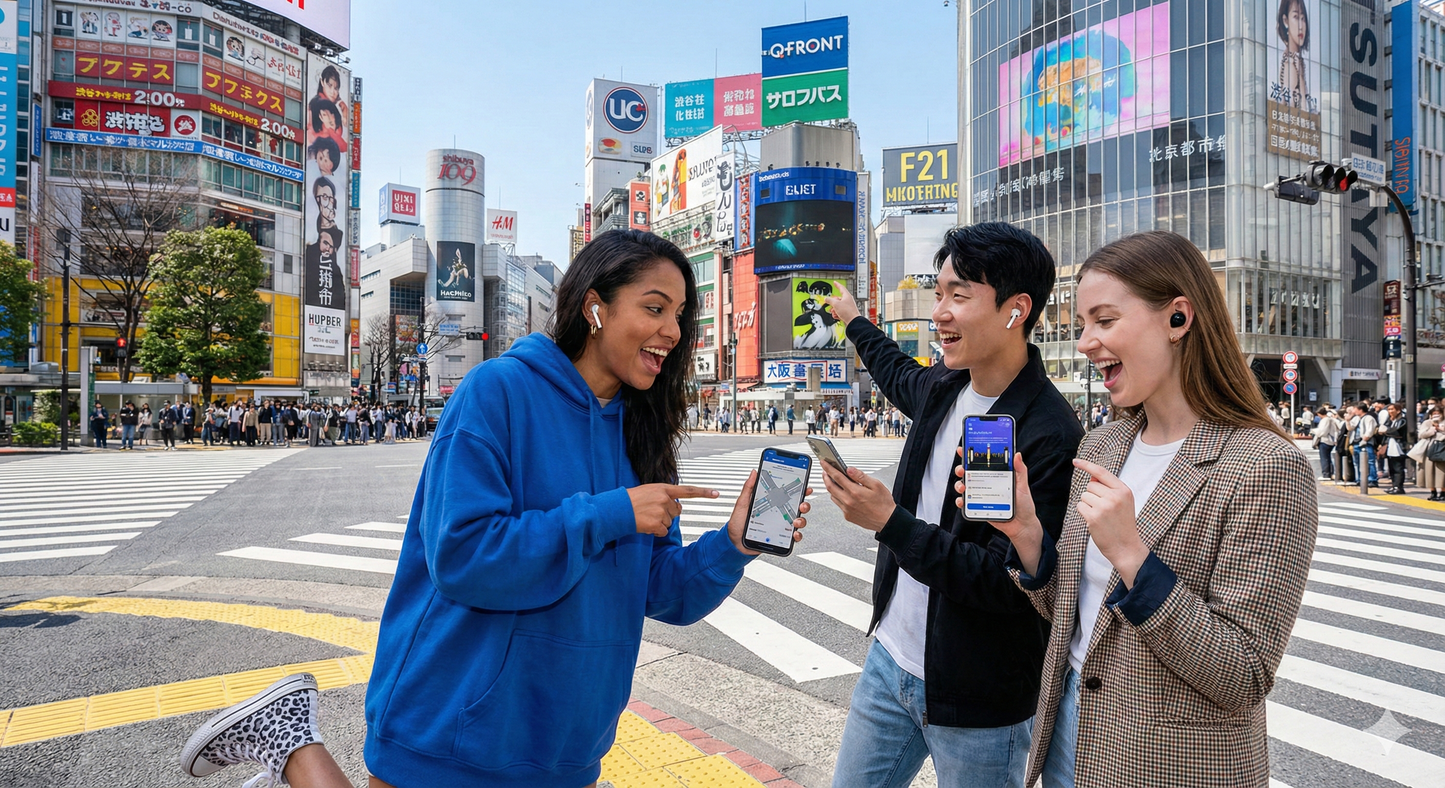 Self-guided audio tour of Shibuya Crossing in daytime by Uvamai Niche Tourism, featuring busy pedestrian scene and cityscape.